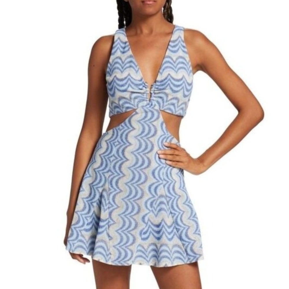 Ramy Brook Hana Jacquard Cut-Out Mini Dress 4 Blue Gold Metallic Zig Zag Coastal